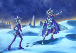 Rule 34 | 2boys, atem, cape, commentary request, desert, dyed bangs, egypt, egyptian, eye contact, footprints, fushitasu, hand up, jacket, looking at another, male focus, millennium puzzle, multiple boys, muto yugi, night, outdoors, pants, pointing, pyramid (structure), sand, shoes, sky, spiked hair, standing, star (sky), yu-gi-oh!, yu-gi-oh! duel monsters