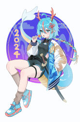 Rule 34 | 1girl, 2024, absurdres, ahoge, blue background, blue eyes, blue hair, blush, braid, candy, chinese clothes, chinese zodiac, commentary, dolphin shorts, dragon girl, dragon horns, dragon tail, food, full body, gradient background, hand in pocket, highres, holding, holding candy, holding food, holding lollipop, horns, jacket, katana, lollipop, long hair, long sleeves, looking at viewer, multicolored hair, new year, open mouth, original, pink hair, pointy ears, prock, sheath, sheathed, shoes, shorts, sneakers, socks, solo, streaked hair, sword, tail, thigh strap, very long hair, weapon, year of the dragon
