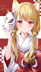 Rule 34 | 1girl, animal ear fluff, animal ears, bare shoulders, bell, blush, bow, checkered background, closed mouth, commentary request, fox ears, fox mask, hair bell, hair ornament, hair over shoulder, hand up, highres, holding, holding mask, japanese clothes, jingle bell, kimono, komomo (ptkrx), long hair, low twintails, mask, unworn mask, off shoulder, original, red background, red bow, red eyes, short sleeves, sleeveless, sleeveless kimono, smile, solo, twintails, two-tone background, upper body, white background, white kimono, wide sleeves