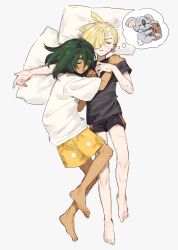 barefoot black_shirt black_shorts blonde_hair closed_eyes creatures_(company) dark-skinned_male dark_skin fua1heyvot4ifsr game_freak gen_7_pokemon gladion_(pokemon) green_hair grey_background hair_between_eyes hair_over_one_eye hau_(pokemon) highres hug komala lying multiple_boys nintendo on_back on_side orange_shorts pillow pokemon pokemon_(creature) pokemon_sm shirt shorts sleeping speech_bubble sweat thought_bubble white_shirt yaoi