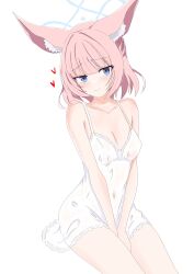 Rule 34 | 1girl, absurdres, animal ear fluff, animal ears, blue archive, blue eyes, blue halo, blush, breasts, camisole, closed mouth, covered erect nipples, covered navel, cowboy shot, fox ears, halo, heart, highres, kamitosayu, looking at viewer, niko (blue archive), pink hair, short hair, small breasts, smile, solo, thighhighs, white background, white camisole