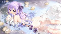 Rule 34 | 1girl, ahoge, ass, azur lane, bare shoulders, clam, covered mouth, dress, elbow gloves, gem, gloves, hair bun, hair ribbon, highres, in water, long hair, looking at viewer, lying, marmoset (marmoset0), nude, on stomach, pearl (gemstone), purple hair, ribbon, see-through, side bun, single side bun, solo, stuffed unicorn, unicorn (azur lane), water, wet, wet clothes, wet dress, white dress, white gloves