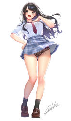 Rule 34 | 1girl, :d, black hair, black panties, blush, bra visible through clothes, breasts, brown eyes, collared shirt, floating hair, full body, lace, lace panties, large breasts, loafers, long hair, masami chie, necktie, open mouth, original, panties, plaid, plaid skirt, school uniform, shirt, shoes, sidelocks, skirt, smile, socks, solo, standing, swept bangs, thighs, underwear