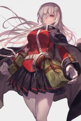 Rule 34 | 1girl, bag, bandage over one eye, belt, black skirt, breasts, buttons, closed mouth, fate/grand order, fate (series), florence nightingale (fate), florence nightingale (third ascension) (fate), fur trim, gloves, gun, hair down, handgun, highres, lack, long hair, long sleeves, looking at viewer, medium breasts, military, military uniform, one eye covered, pantyhose, pleated skirt, red eyes, revolver, silver hair, simple background, skirt, smile, solo, uniform, very long hair, weapon, white gloves, white pantyhose