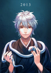 Rule 34 | 10s, 1boy, 2013, esukee, highres, japanese clothes, looking at viewer, male focus, original, red eyes, short hair, silver hair, smile, snake, solo