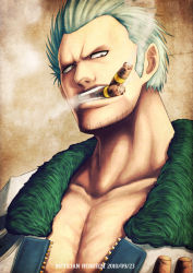 Rule 34 | 1boy, brown eyes, cigar, dated, fur trim, k-suwabe, looking at viewer, male focus, military, military uniform, muscular, one piece, open clothes, open shirt, shirt, silver hair, smoker (one piece), smoking, solo, uniform