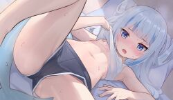 Rule 34 | 1girl, absurdres, ass, bandaid, bandaids on nipples, blue eyes, blue hair, blunt bangs, blush, breasts, clothes lift, drooling, fins, fish tail, gawr gura, highres, hirotaka0125, hololive, hololive english, looking at viewer, lying, medium hair, multicolored hair, navel, no panties, on back, open mouth, pasties, shark girl, shark tail, sharp teeth, shirt, shirt lift, shorts, sidelocks, small breasts, solo, spread legs, streaked hair, sweat, t-shirt, tail, teeth, thighs, upper teeth only, virtual youtuber