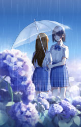 Rule 34 | 2girls, absurdres, black hair, blue eyes, blue neckwear, blue skirt, bow, bowtie, brown hair, flower, highres, holding, holding umbrella, hydrangea, long hair, missholmes, multiple girls, open mouth, original, rain, school uniform, short hair, short sleeves, skirt, umbrella, yuri