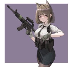 Rule 34 | 1girl, absurdres, animal ears, assault rifle, black necktie, black pantyhose, black skirt, border, breasts, brown hair, cat ears, cat girl, chest rig, gloves, grey gloves, gun, highres, looking at viewer, m4 carbine, necktie, office lady, original, pantyhose, pencil skirt, purple background, rifle, serious, shirt, short hair, skirt, soldat (dndosld73832), solo, tactical clothes, weapon, white border, white shirt