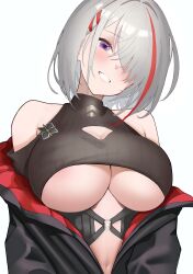 1girl absurdres azur_lane bare_shoulders black_jacket blush breasts cleavage_cutout clothes_pull clothing_cutout crop_top duisburg_(azur_lane) grin hair_over_one_eye happy head_tilt highres jacket jacket_pull large_breasts looking_at_viewer medium_hair midriff multicolored_hair navel open_clothes open_jacket purple_eyes rainz red_hair smile solo streaked_hair two-tone_hair underboob upper_body white_hair