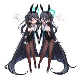 2girls :d absurdly_long_hair alternate_costume anger_vein animal_ear_hairband animal_ears aqua_halo aris_(blue_archive) black_bow black_gloves black_hair black_hairband black_leotard blue_archive blue_eyes blue_necktie blush bow breasts brown_pantyhose closed_mouth contrapposto detached_collar elbow_gloves fake_animal_ears fishnet_pantyhose fishnets footwear_bow full_body glaring gloves hair_between_eyes hairband halo heart highleg highres holding_hands kei_(blue_archive) latex latex_gloves leotard long_hair long_hair_between_eyes looking_at_viewer matching_outfits multiple_girls necktie nnamizu one_side_up open_mouth pantyhose playboy_bunny rabbit_ear_hairband rabbit_ears red_eyes simple_background small_breasts smile spoken_anger_vein spoken_heart strapless strapless_leotard sweatdrop very_long_hair white_background white_footwear wrist_cuffs