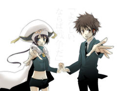Rule 34 | 1boy, 1girl, bad id, black hair, brown eyes, brown hair, cape, formal, holding hands, hat, headphones, hetero, jewelry, katekyo hitman reborn!, necklace, necktie, outstretched arm, ponytail, sawada tsunayoshi, smile, spiked hair, suit, tattoo, translation request, uni (reborn)
