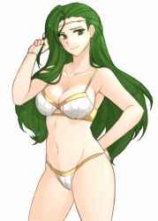 Rule 34 | 1girl, absurdres, alternate costume, annand (fire emblem), arms behind back, bare shoulders, bra, breasts, circlet, cleavage, cowboy shot, fire emblem, fire emblem: genealogy of the holy war, gold trim, green eyes, green hair, tucking hair, highres, large breasts, long hair, looking at viewer, mature female, navel, nintendo, panties, simple background, smile, solo, standing, thighs, tridisart, underwear, white bra, white panties