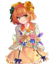 Rule 34 | 1girl, absurdres, blue bow, blue flower, blurry, blurry foreground, bow, closed mouth, collarbone, dress, flower, green eyes, hair between eyes, hair flower, hair ornament, highres, holding, holding flower, looking at viewer, orange flower, orange hair, original, pink flower, shadow, simple background, smile, solo, standing, white background, yaya chan, yellow flower
