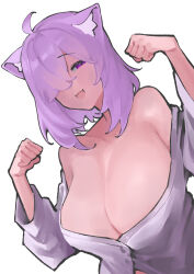 Rule 34 | 1girl, :3, ahoge, animal ears, bare shoulders, breasts, cat ears, cat girl, cleavage, dismassd, flexing, hair over one eye, highres, hololive, huge breasts, long hair, looking at viewer, nekomata okayu, no bra, off shoulder, open mouth, pink hair, purple eyes, simple background, smile, solo, virtual youtuber, white background