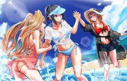 Rule 34 | 3girls, arm grab, ass, bare shoulders, beach, bikini, black hair, blonde hair, blue sky, breasts, brown hair, collarbone, day, front-tie top, hat, hibike! euphonium, hiiragi serina, holding hands, interlocked fingers, lens flare, looking at another, medium breasts, misogi (misogi1341), multiple girls, nase amika, navel, ocean, one-piece swimsuit, open clothes, open mouth, outdoors, ponytail, sasaki azusa, see-through, shirt, short hair, sky, smile, standing, stomach, summer, sun, sun hat, swimsuit, tagme, tied shirt, toned, twintails, visor, visor cap, water, wet, wet clothes, wet shirt, yuri