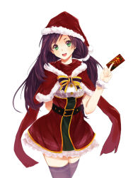 Rule 34 | 10s, 1girl, :d, arm behind back, black thighhighs, bow, breasts, card, christmas, cowboy shot, green eyes, hat, highres, holding, long hair, looking at viewer, love live!, love live! school idol festival, love live! school idol project, open mouth, purple hair, santa hat, skindentation, skirt, small breasts, smile, solo, thighhighs, tojo nozomi, twintails, yan wen zi, zettai ryouiki