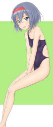 Rule 34 | 1girl, absurdres, between thighs, black one-piece swimsuit, blue eyes, competition swimsuit, feet out of frame, flat chest, full body, green background, grey hair, hair between eyes, hairband, highres, looking at viewer, one-piece swimsuit, original, red hairband, sc naru, short hair, sitting, solo, swimsuit, two-tone background, v arms, white background