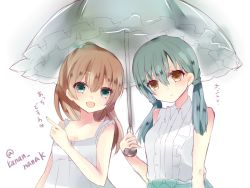 Rule 34 | 10s, 2girls, alternate hairstyle, bad id, bad twitter id, breasts, brown eyes, brown hair, cleavage, collarbone, dress, expressionless, green eyes, green hair, holding, holding umbrella, kantai collection, kumano (kancolle), multiple girls, parasol, pointing, simple background, sleeveless, sleeveless dress, small breasts, souhi, sundress, suzuya (kancolle), twitter username, umbrella, upper body, white background