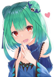 Rule 34 | 1girl, :d, animal print, bare shoulders, blue dress, blue sleeves, blush, brooch, butterfly print, detached sleeves, divergenceok, double bun, dress, flat chest, green hair, hair bun, hair ornament, hair ribbon, heart, highres, hololive, jewelry, looking at viewer, open mouth, red eyes, ribbon, short hair, short hair with long locks, sidelocks, simple background, skull brooch, skull hair ornament, sleeveless, sleeveless dress, smile, solo, steepled fingers, upper body, uruha rushia, uruha rushia (1st costume), virtual youtuber, white background, wide sleeves