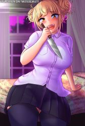 Rule 34 | 1girl, bed, black thighhighs, blonde hair, boku no hero academia, breasts, double bun, fangs, hair bun, highres, holding, holding knife, holding weapon, knife, large breasts, messy hair, miniskirt, open mouth, pleated skirt, school uniform, shirt, short sleeves, sidelocks, skirt, smile, solo, thighhighs, toga himiko, twistedscarlett60, watermark, weapon, web address, yellow eyes