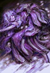 1girl closed_eyes closed_mouth commentary elden_ring elden_ring:_shadow_of_the_erdtree english_commentary flower highres long_hair lying on_side purple_flower purple_theme rashuu sleeping solo st._trina_(elden_ring) wavy_hair