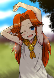Rule 34 | 1girl, aikawa arika, arm above head, arm behind head, armpits, arms up, blue eyes, blue sky, blurry, blurry background, blush, child, cloud, day, dress, eyebrows, eyelashes, female focus, forehead, long hair, looking at viewer, malon, neckerchief, nintendo, one eye closed, open mouth, orange hair, orange neckerchief, outdoors, parted bangs, pointy ears, sky, sleeveless, sleeveless dress, smell, smile, solo, standing, stretching, the legend of zelda, the legend of zelda: ocarina of time, white dress
