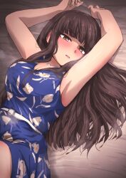 Rule 34 | 1girl, absurdres, armpits, arms up, bare arms, bed sheet, belt buckle, blue dress, blush, breasts, brown hair, buckle, cleavage, commission, dress, duplicate, highres, idolmaster, idolmaster cinderella girls, kurokawa chiaki, large breasts, long hair, looking at viewer, lying, on back, pixiv commission, solo, steaming body, tomawarinosuizou, very long hair