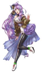 Rule 34 | 1girl, :d, black pantyhose, blue hair, boots, bow, brown bow, collarbone, dress, floating hair, full body, hair bow, hair ornament, hairclip, highres, long hair, looking at viewer, macross, macross delta, mikumo guynemer, multicolored hair, nail polish, open mouth, pantyhose, pink nails, purple hair, red eyes, shimatani azu, short dress, simple background, smile, solo, streaked hair, two-tone hair, very long hair, white background, white dress, white footwear