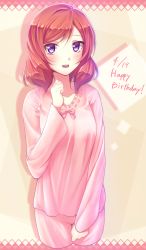Rule 34 | 10s, 1girl, bow, clenched hands, cropped legs, dated, fal (fal-se-0), happy birthday, highres, long sleeves, looking at viewer, love live!, love live! school idol project, nishikino maki, no legs, open mouth, pajamas, purple eyes, red hair, ribbon trim, smile, solo