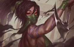 Rule 34 | 1girl, akali, arm tattoo, back, back tattoo, bare shoulders, black hair, brown eyes, hair between eyes, holding, holding weapon, kama (weapon), league of legends, makeup, outdoors, ponytail, sickle, simu (uaec2275), smoke, solo, tattoo, weapon