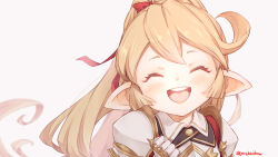 Rule 34 | 1girl, :d, ^ ^, blonde hair, blush, bow, charlotta (granblue fantasy), closed eyes, commentary, facing viewer, female focus, granblue fantasy, hair bow, happy, harvin, jingai modoki, light blush, long hair, open mouth, pointy ears, portrait, red bow, round teeth, simple background, smile, solo, teeth, twitter username, upper teeth only, white background