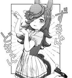 Rule 34 | 1girl, animal ears, arm up, blush, commentary request, eyebrows hidden by hair, flower, greyscale, hair over one eye, hand up, hat, hat flower, highres, horse ears, horse girl, horse tail, loafers, looking at viewer, monochrome, parted lips, pleated skirt, puffy short sleeves, puffy sleeves, rice shower (umamusume), rose, school uniform, shirt, shoes, short sleeves, skirt, socks, solo, standing, standing on one leg, tail, thighhighs, tilted headwear, tracen school uniform, translation request, umamusume, yukie (kusaka shi)