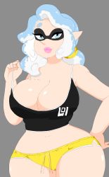Rule 34 | 1girl, absurdres, artist request, blue eyes, breasts, cleavage, highres, huge breasts, inkling player character, lips, looking at viewer, navel, nintendo, pointy ears, shorts, splatoon (series), tentacle hair, thick thighs, thighs, wide hips