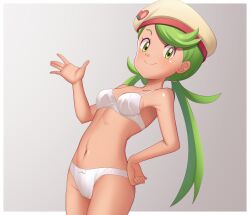 Rule 34 | 1girl, border, bra, breasts, chef hat, closed mouth, commentary request, cowboy shot, creatures (company), game freak, gazing eye, green eyes, green hair, grey background, hand on own hip, hand up, hat, highres, long hair, looking at viewer, mallow (palentine&#039;s 2023) (pokemon), mallow (pokemon), medium breasts, navel, nintendo, official alternate costume, panties, pokemon, pokemon masters ex, smile, solo, swept bangs, twintails, underwear, white border, white bra, white panties