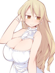 Rule 34 | 10s, 1girl, arm behind head, bad id, bad pixiv id, blonde hair, blush, bracelet, breasts, brown eyes, cleavage, cleavage cutout, clothing cutout, dress, drill hair, earrings, frown, huge breasts, idolmaster, idolmaster cinderella girls, jewelry, light brown hair, long hair, looking away, morikubo nono, aged up, sleeveless, solo, uccow, white dress
