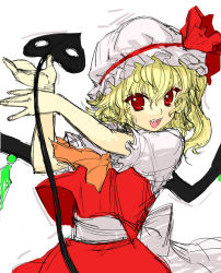 Rule 34 | 1girl, ascot, blonde hair, colored eyelashes, embodiment of scarlet devil, fangs, female focus, flandre scarlet, hat, laevatein, looking at viewer, open mouth, red eyes, simple background, sketch, smile, solo, tetsu (kimuchi), touhou, wings