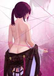 Rule 34 | 1girl, absurdres, ass, back, black jacket, butt crack, c1718259, commentary request, cowboy shot, dimples of venus, from behind, highres, honkai: star rail, honkai (series), jacket, kafka (honkai: star rail), long hair, nude, off shoulder, ponytail, purple hair, solo, standing, zoom layer