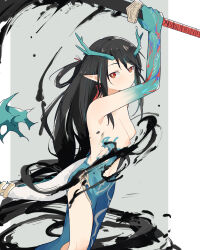 Rule 34 | arknights, arm tattoo, arm up, black hair, breasts, bright pupils, cleavage, coldcat., colored skin, cowboy shot, dragon girl, dragon horns, dragon tail, dress, dusk (arknights), earrings, flame-tipped tail, green dress, green skin, grey background, highres, holding, holding sword, holding weapon, horns, ink, jewelry, long hair, looking at viewer, medium breasts, multicolored hair, navel, nipples, pointy ears, red eyes, simple background, single hair ring, streaked hair, sword, tail, tassel, tassel earrings, tattoo, torn clothes, torn dress, very long hair, weapon, white pupils