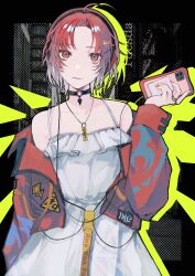 Rule 34 | 1girl, absurdres, ahoge, bare shoulders, black background, black choker, cellphone, choker, collarbone, commentary, commission, cowboy shot, dress, eve (vtuber), frilled dress, frills, hair ornament, hairclip, headphones, highres, holding, holding phone, indie virtual youtuber, jacket, jewelry, kajiwara 3, long sleeves, looking at viewer, multicolored nails, nail polish, off shoulder, open clothes, open jacket, parted bangs, parted lips, phone, red eyes, red hair, red jacket, red nails, ring, short hair, skeb commission, smartphone, smartphone case, solo, spaghetti strap, star-shaped pupils, star (symbol), symbol-shaped pupils, virtual youtuber, white dress, yellow nails