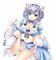 Rule 34 | 1girl, :d, animal ears, animal hands, black bow, black bowtie, blue dress, blue eyes, blue hair, blush, bow, bowtie, braid, breasts, cameltoe, cat ears, cleavage, cleft of venus, clothes lift, collarbone, detached collar, dress, dress lift, fake animal ears, frills, girlfriend (kari), gloves, hair bow, hair ornament, hairclip, lace, lace-trimmed panties, lace trim, large breasts, lifted by self, looking at viewer, maid, maid headdress, matching hair/eyes, murakami fumio, no shoes, open mouth, panties, paw gloves, pink panties, smile, socks, solo, tokonaru, twin braids, underwear, white background, white gloves, white socks