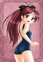 Rule 34 | 10s, 1girl, :d, antenna hair, ass, black bow, blush, bow, fang, hair bow, long hair, looking at viewer, mahou shoujo madoka magica, mahou shoujo madoka magica (anime), neopure, one-piece swimsuit, open mouth, ponytail, red eyes, red hair, sakura kyoko, school swimsuit, skin tight, smile, solo, swimsuit, very long hair