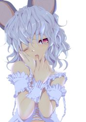 Rule 34 | 1girl, alternate costume, animal ears, blush, grey hair, ishikkoro, looking at viewer, messy hair, mouse ears, nazrin, one eye closed, open mouth, red eyes, short hair, simple background, solo, tongue, tongue out, touhou, white background, wrist cuffs