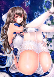 Rule 34 | 1girl, ass, azur lane, bare shoulders, blue butterfly, blue dress, blue scarf, bow, breasts, brown hair, bug, butterfly, cleavage, column, covered erect nipples, cross, cross earrings, dress, earrings, elbow gloves, evening gown, feet out of frame, fingerless gloves, gloves, hair between eyes, hair bow, highres, insect, jewelry, large breasts, long hair, looking at viewer, mktr (princess mktr), mole, mole under eye, official alternate costume, pillar, red eyes, saint-louis (azur lane), saint-louis (holy knight&#039;s resplendence) (azur lane), saint-louis (holy knight&#039;s resplendence) (azur lane), scarf, sky, sleeveless, sleeveless dress, solo, star (sky), starry sky, thighhighs, traditional media, white bow, white dress, white thighhighs