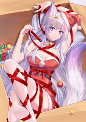 Rule 34 | 1girl, absurdres, animal ears, arm up, bad id, bad pixiv id, bell, black choker, box, breasts, choker, commentary request, dress, fox ears, fox tail, gift, gift box, hair ornament, hand up, hat, highres, kirby d a, leg ribbon, long hair, looking at viewer, medium breasts, neck bell, original, pom pom (clothes), purple eyes, red dress, red hat, red ribbon, ribbon, santa costume, santa hat, silver hair, smile, solo, star (symbol), star hair ornament, strapless, strapless dress, tail, thighs, white legwear