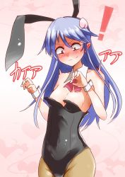 Rule 34 | !, 1girl, alternate costume, animal ears, bare arms, bare shoulders, blue hair, blush, breasts, brown pantyhose, collar, detached collar, fake animal ears, food, fruit, hair ornament, hinanawi tenshi, leotard, long hair, pantyhose, peach, playboy bunny, rabbit ears, red eyes, solo, strapless, surprised, takorice, touhou, very long hair, wardrobe malfunction, wide-eyed, wrist cuffs