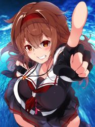 Rule 34 | 1girl, black gloves, black legwear, black serafuku, blue sky, brown eyes, brown hair, cloud, cloudy sky, commentary request, crying, crying with eyes open, day, fisheye, from above, gloves, grin, hair between eyes, hair flaps, hairband, kantai collection, long hair, looking at viewer, neckerchief, partially fingerless gloves, pointing, pointing at viewer, remodel (kantai collection), sailor collar, school uniform, serafuku, shiratsuyu (kancolle), sky, smile, solo, standing, standing on liquid, tears, whistle, youmou usagi