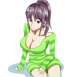 Rule 34 | 1girl, arm support, black hair, blunt bangs, breasts, cleavage, collarbone, dress, female focus, large breasts, long hair, long sleeves, looking at viewer, nico robin, one piece, one piece: strong world, ponytail, purple eyes, rasen kyuuri, short dress, simple background, sitting, solo, striped clothes, striped dress, striped sweater, sweater, sweater dress, white background