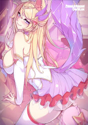 Rule 34 | 1girl, ahri (league of legends), animal ears, arm support, artist name, bare shoulders, blonde hair, blush, breasts, darklux, detached sleeves, facial mark, female focus, fox ears, fox girl, fox tail, from side, hand up, large breasts, league of legends, long hair, looking at viewer, pillow, pink eyes, pink skirt, red skirt, skirt, smile, solo, star guardian (league of legends), star guardian ahri, tail, thighhighs, whisker markings, white thighhighs
