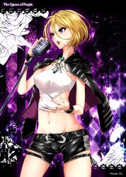 Rule 34 | 1girl, absurdres, bad hands, belt, blonde hair, blouse, border, clothing cutout, cowboy shot, crop top, earrings, echizen murasaki, eyelashes, fingernails, hair between eyes, highres, jacket, jacket on shoulders, jewelry, lace, lace border, microphone, midriff, multicolored hair, nail polish, navel, necklace, ornate border, purple background, purple eyes, ring, sharp fingernails, shirt, short hair, short shorts, shorts, side cutout, simple background, solo, standing, tokyo 7th sisters, two-tone hair, very long fingernails, vintage microphone, white shirt